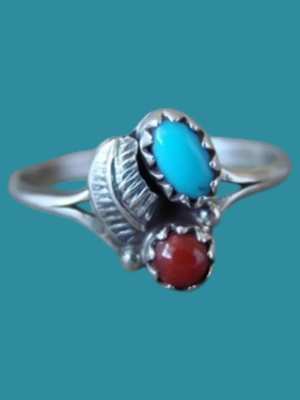 Navajo Sterling Silver Feather Turquoise & Coral Ring Size 7 - Roselene Joe